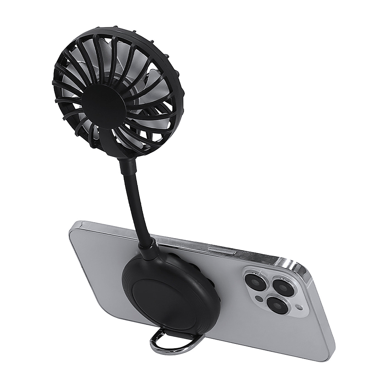 Ventilatore multiposizione con rotazione di 360°, supporto regolabile e ventose per smartphone. Ha 3 velocità, con batteria ricaricabile da 300 mAh.