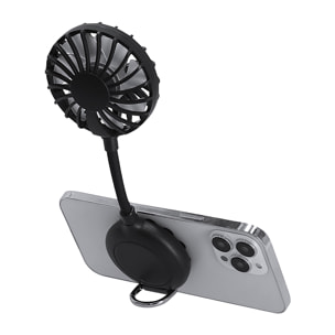 Ventilatore multiposizione con rotazione di 360°, supporto regolabile e ventose per smartphone. Ha 3 velocità, con batteria ricaricabile da 300 mAh.