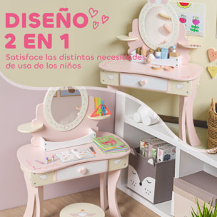 Tocador para Niñas, Tocador de Maquillaje Niñas, 2 en 1, Escritorio, con Taburete, Espejo, Cajón, 7 Accesorios, a Partir de 3 Años, Rosa