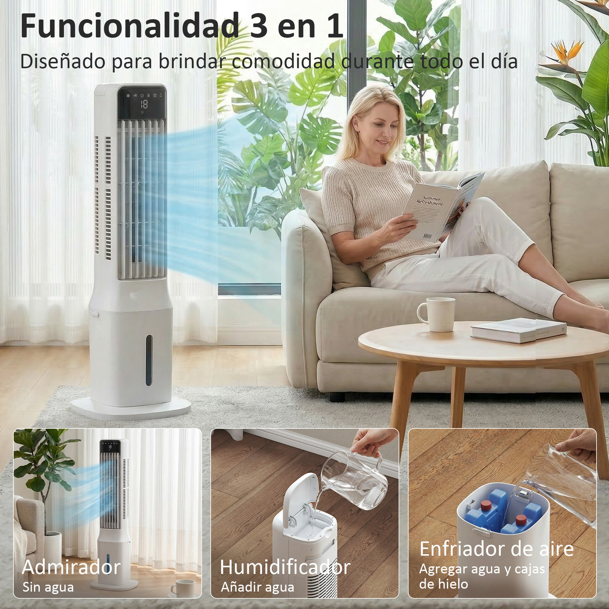 Climatizador Evaporativo de Torre 3 en 1, Enfriador de Aire Portátil con Depósito de 9 L, Oscilación 48°, 3 Velocidades, 3 Modos, Temporizador 24h y Mando a Distancia, 2 Acumuladores de Frío