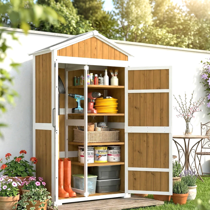 Armoire de jardin bois bicolore toit double pente métal 4 étagères blanc naturel