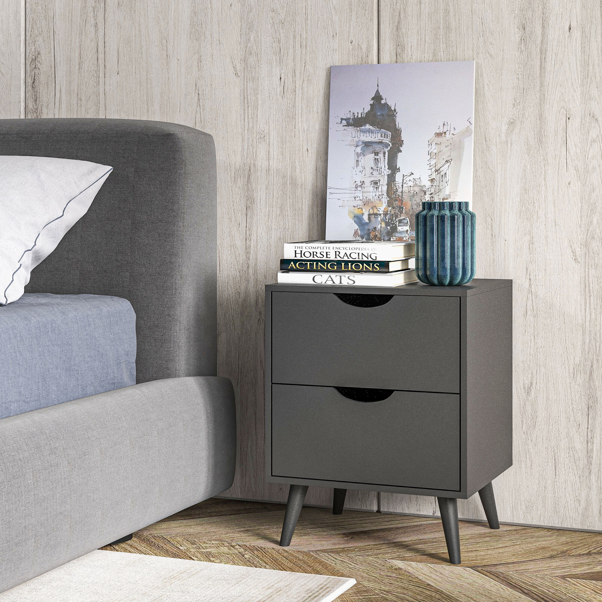 Chevet 2 tiroirs table de nuit style nordique dim. 40 x 35 x 50,5 cm noir