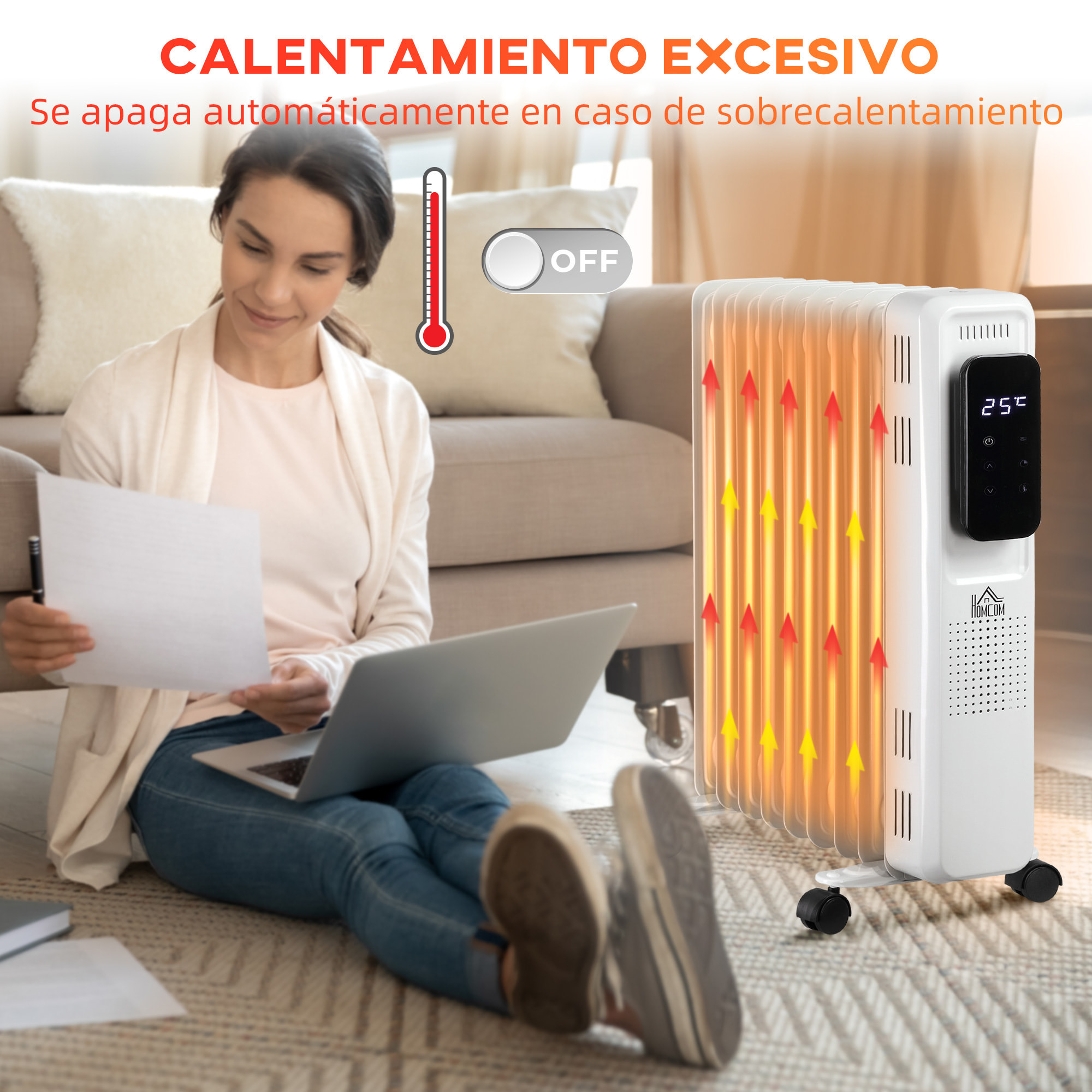 Radiador de Aceite 2180W 3 Modos de Calefacción con 9 Elementos Pantalla LED Control Táctil Termostato Temporizador 24H y Ruedas Bajo Consumo 20 m² 42,5x24x63 cm Blanco