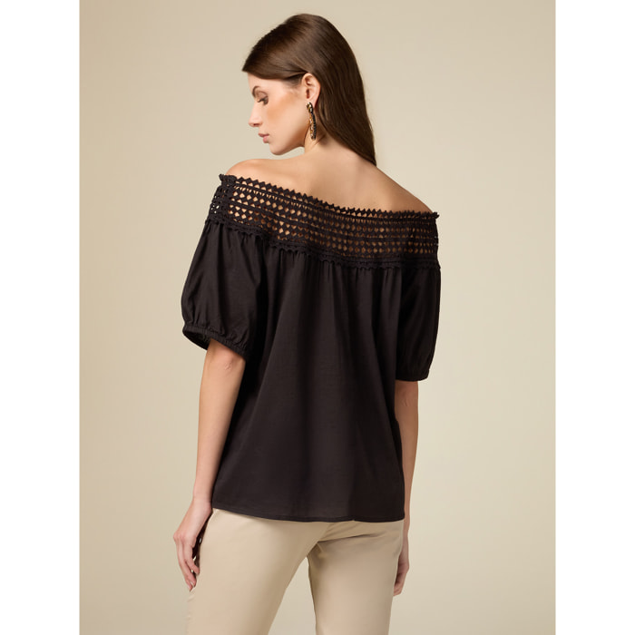 Oltre - Camiseta con borde de macramé - Negro