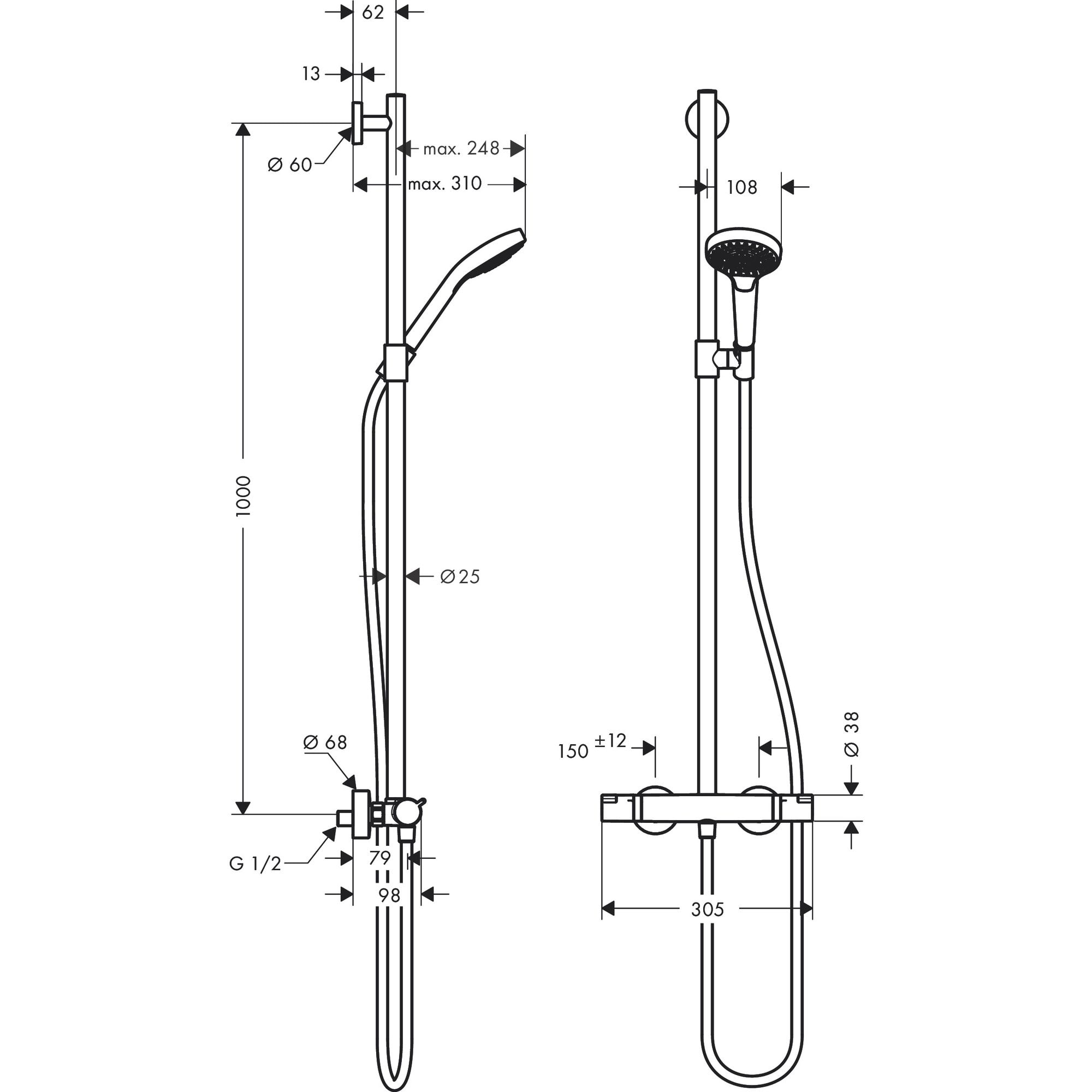 Combiné de douche thermostatique SemiPipe Multi avec mitigeur thermostatique blanc/chromé Croma Select