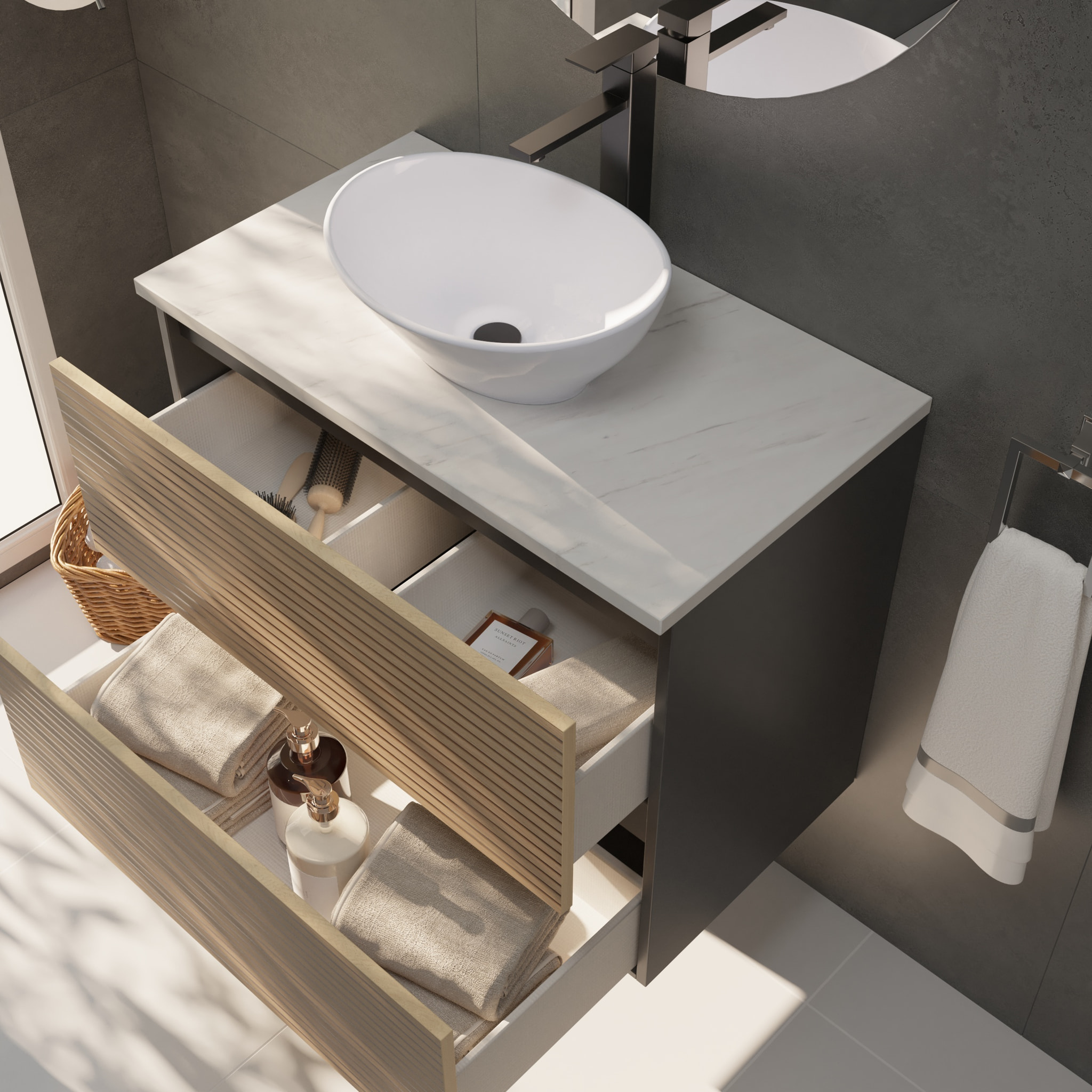 Yinu Salle de Bain | 80 cm Noir - Solomon | Deux Tiroirs | avec Lavabo sur Plan | N'inclut pas le Miroir | Alday