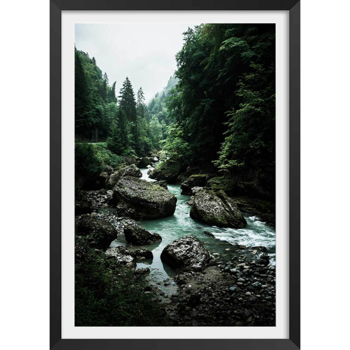 Affiche paysage riviere en montagne Affiche + cadre en bois - Noir