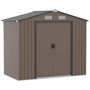 Cobertizo de Jardín con Base 213x130x185 cm Caseta de Jardín Exterior con 2 Puertas Correderas y 4 Ventanas para Almacenamiento de Herramientas Marrón