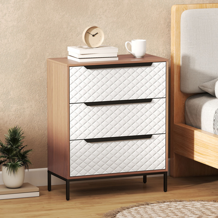 Cómoda con 3 Cajones de Tela, Cómoda para Dormitorio, Frentes con Patrón de Diamante, Cajonera para Salón, Oficina, Vestidor, Natural y Blanco