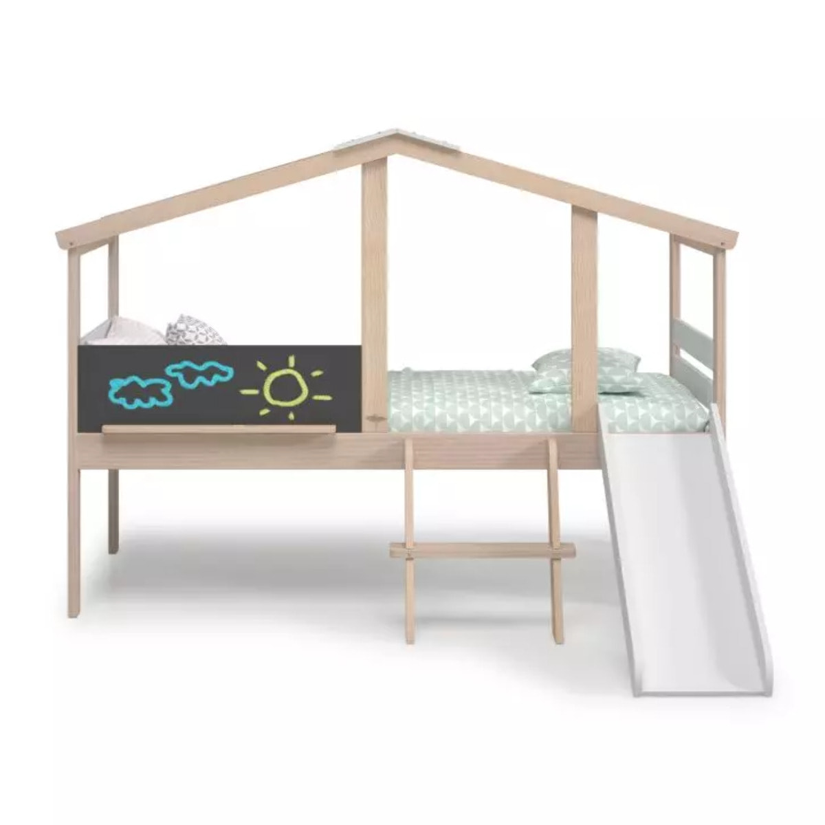 Cama cabaña con tobogán Rushi Blanco - Oak Soft