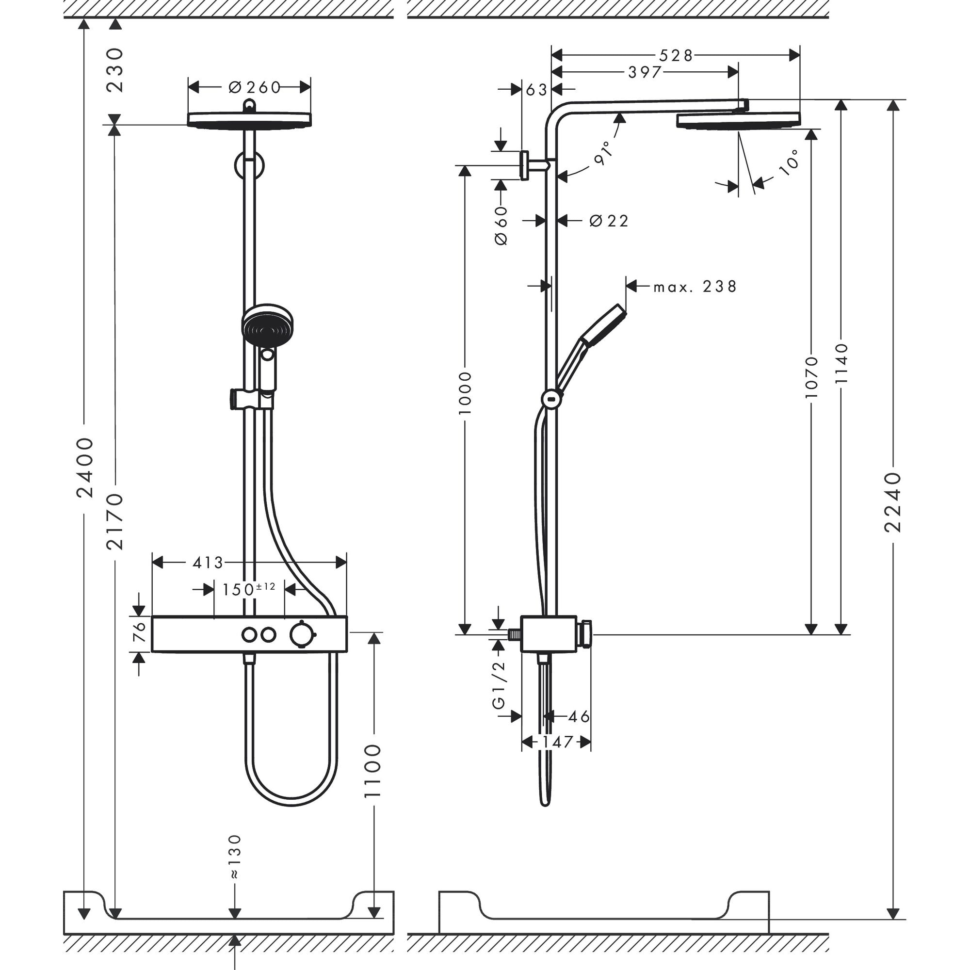 Colonne de douche 260 Pulsify S avec mitigeur thermostatique ShowerTablet Select 400 chromé 24220000