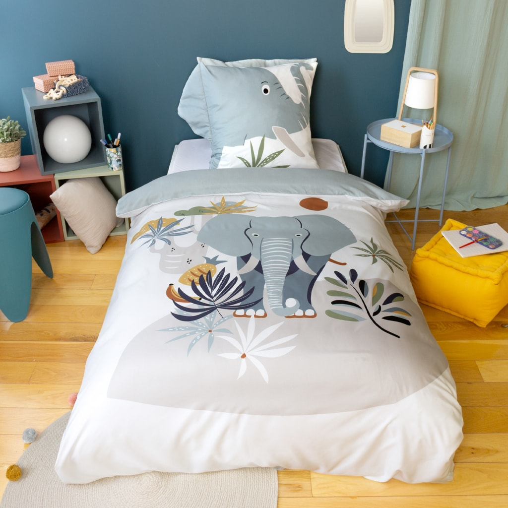 Parure de lit microfibre réversible imprimé éléphant 1 place 140x200cm - Marceau