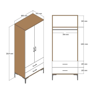 Guardaroba 2 ante Dpan, Mobile camera da letto, Cabina armadio portabiti, Armadio appendiabiti, 80x201h48 cm, Noce e Bianco