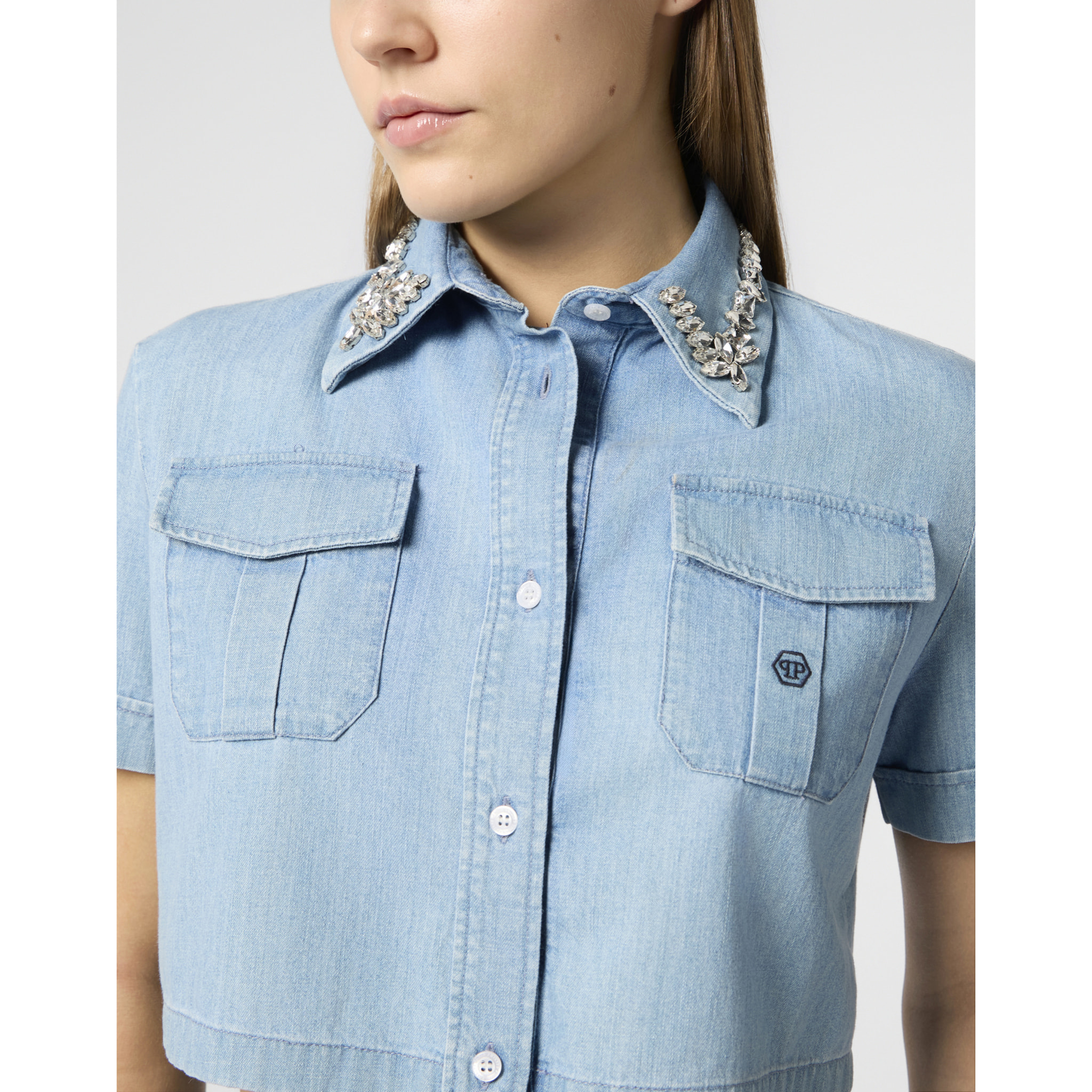 PHILIPP PLEIN Chambray Cropped Shirt Crystals