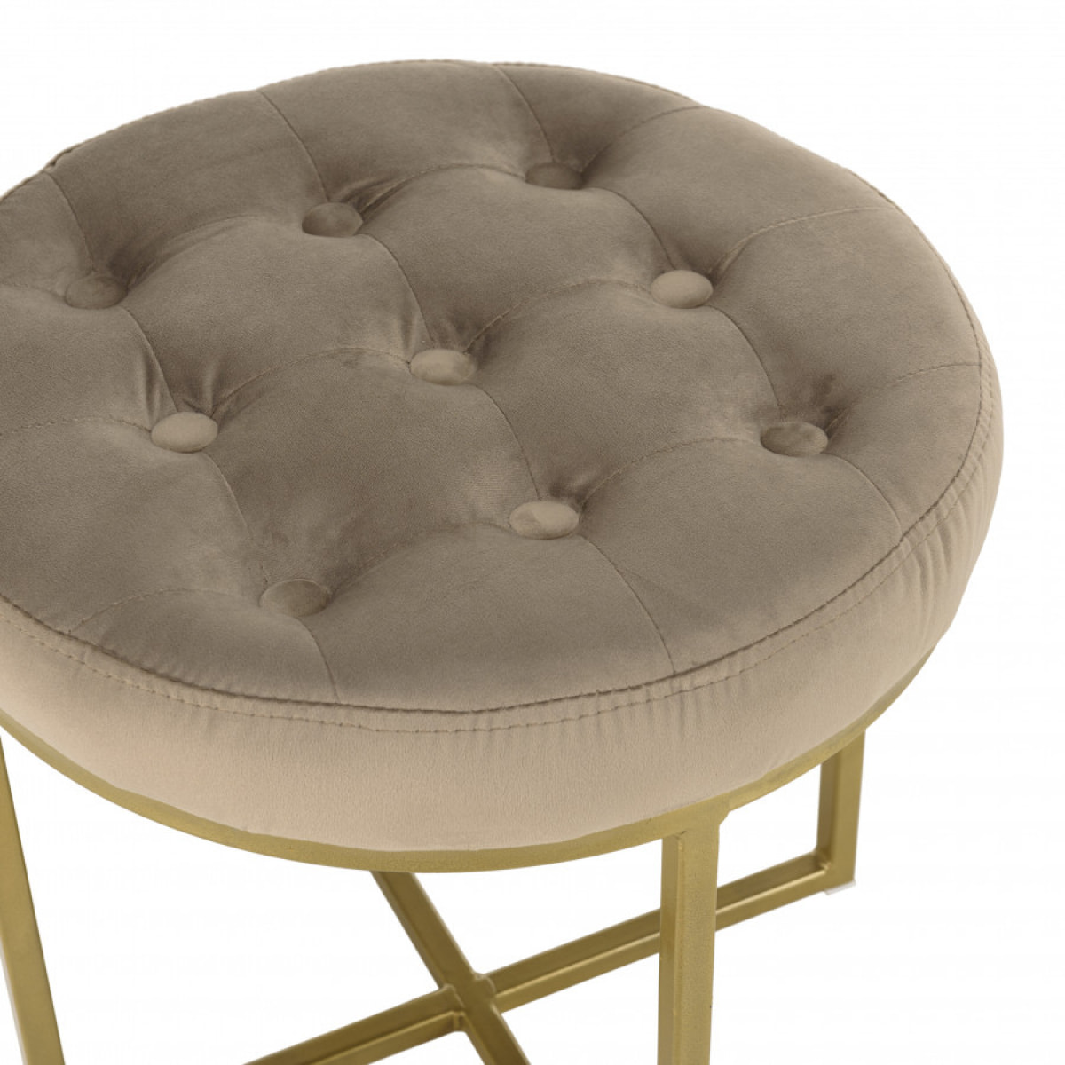 ALBANE - Tabouret rond 41x41cm velours taupe avec boutons pieds croisés métal doré