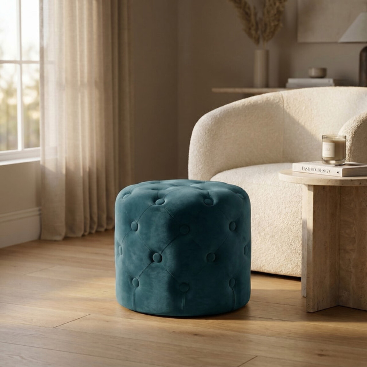 Pouf Poggiapiedi in Velluto Capitonné, Pouf Contenitore Design Moderno, Seduta Imbottita Multiuso per Soggiorno Camera da Letto Living, Complemento d’Arredo Elegante Stile Contemporaneo