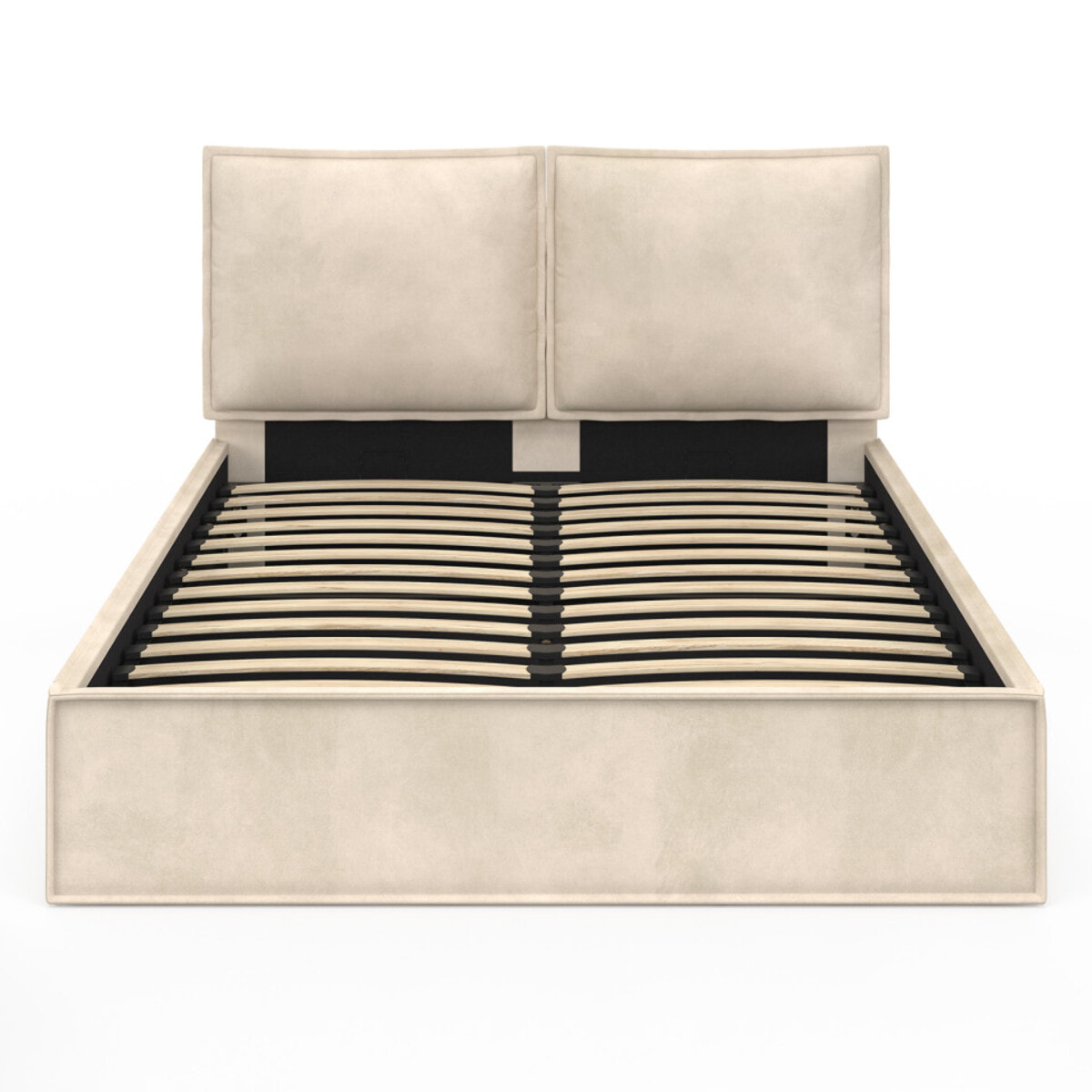 Lit coffre Lilou en velours beige avec sommier et tête de lit effet oreiller 140x190cm