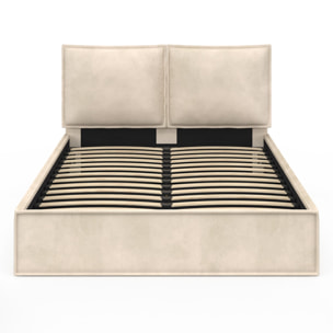 Lit coffre Lilou en velours beige avec sommier et tête de lit effet oreiller 140x190cm