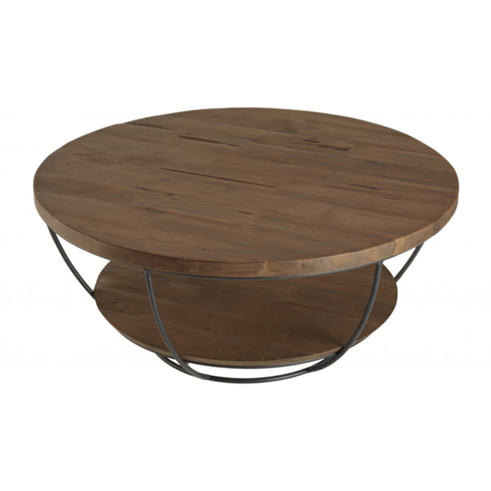 ALIDA - Table basse coque ronde 80x80cm double plateau teck recyclé métal noir