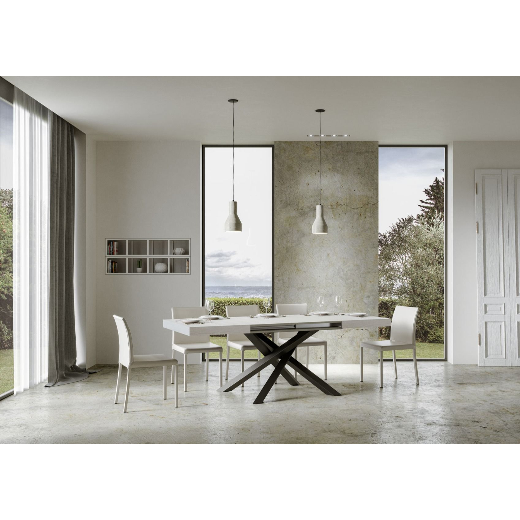 Mesa extensible 90x130/390 cm Volantis Fresno Blanco estructura Antracita