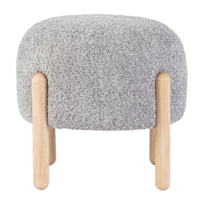 Pouf DAYLA in tessuto grigio chiaro effetto bouclé e gambe in legno rubber wood