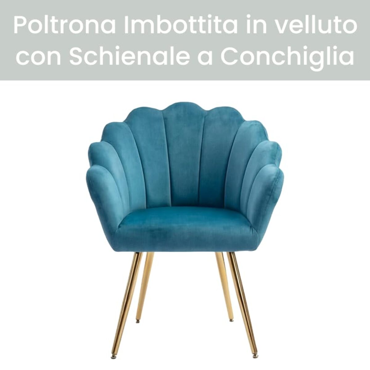 Poltrona in velluto design a conchiglia elegante e moderna, seduta imbottita confortevole con base in legno e gambe in metallo dorato, poltroncina versatile per soggiorno, camera o ufficio, stabile e resistente fino a 100 kg, stile raffinato e decorativo