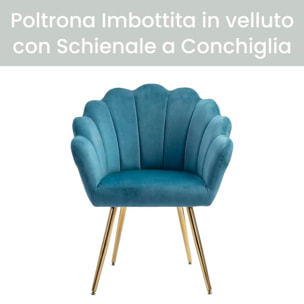 Poltrona in velluto design a conchiglia elegante e moderna, seduta imbottita confortevole con base in legno e gambe in metallo dorato, poltroncina versatile per soggiorno, camera o ufficio, stabile e resistente fino a 100 kg, stile raffinato e decorativo