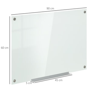 Tableau magnétique en verre dim. 90L x 60l cm - gouttière alu, matériel de fixation et accessoires inclus - blanc mat