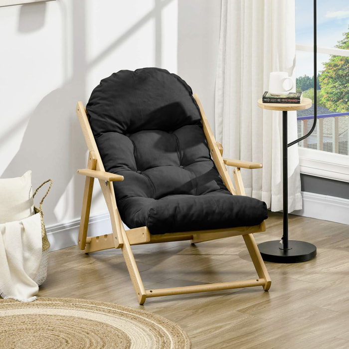 Fauteuil chaise pliable et inclinable en bois grand confort avec coussin capitonné épais - dim. 71I x 89P x 96H cm - noir