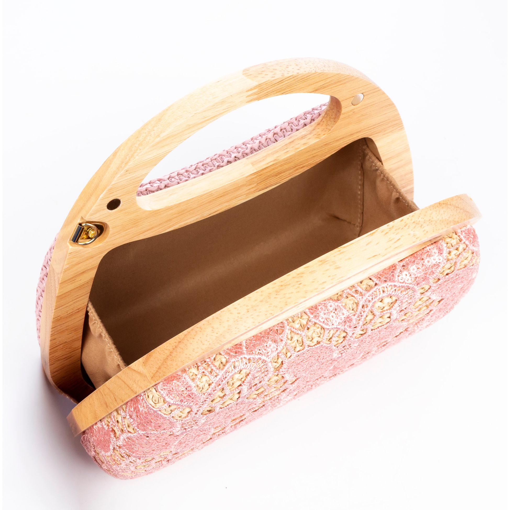 Ausa borsa a mano realizzata in legno naturale, con carta intrecciata e design in rete di tessuto floreale in juta