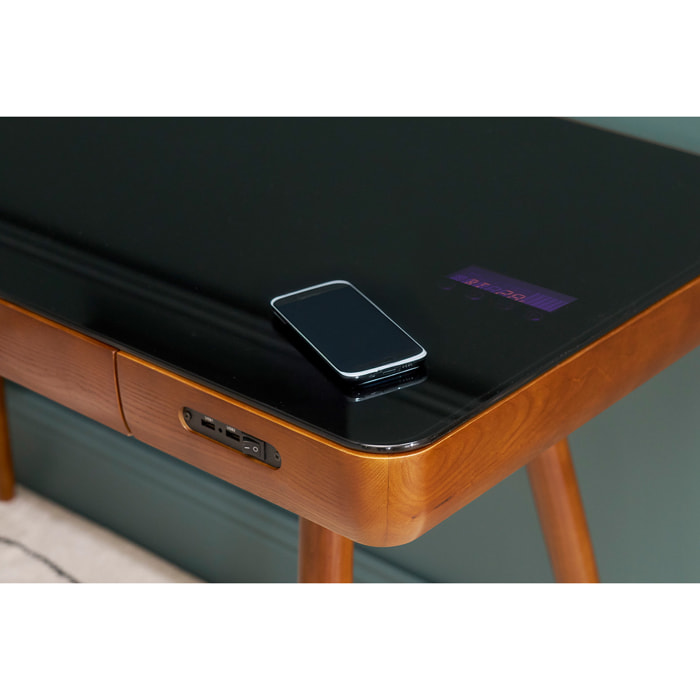 Bureau connecté multimédia avec tiroir en verre noir et bois foncé noyer L120 cm CLEVER
