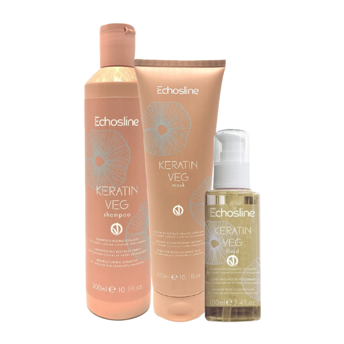 ECHOSLINE Kit Keratin Veg Shampoo 300ml + Mask 300ml + Fluid 100ml