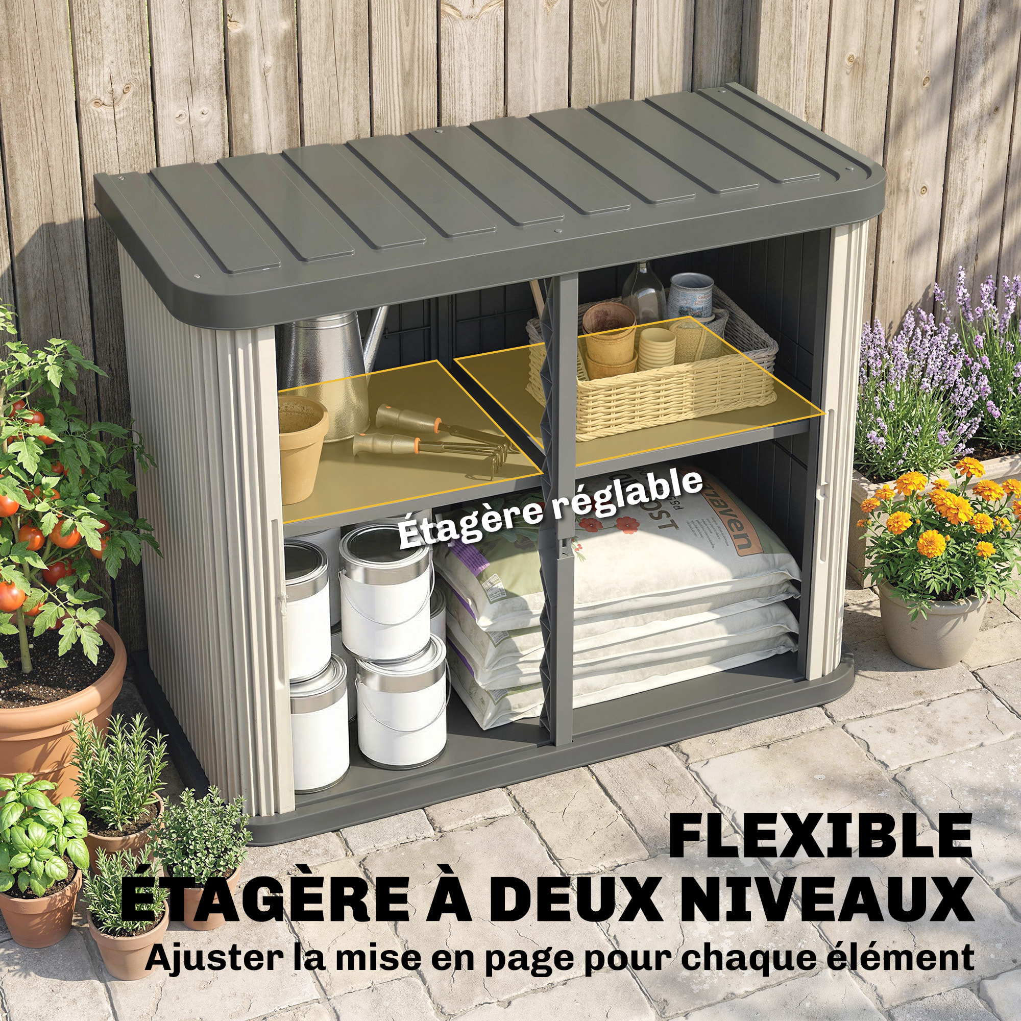 Coffre de jardin 480L 2 portes coulissantes étagère gris crème