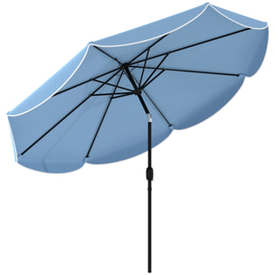 Sombrilla Terraza Exterior, Ø2,7 m, Sombrilla de Jardín con Inclinación Ajustable 3 Posiciones, Manivela y Volantes, Impermeable, Parasol para Playa, Patio, Terraza, Azul Celeste