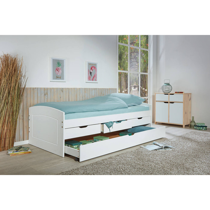 Letto con cassetti contenitori e secondo letto inferiore estraibile, 205 x 63 x 98, Bianco