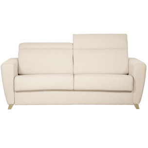 Canapé convertible avec têtières ajustables 3 places en tissu beige et bois clair avec matelas 13 cm GOYA