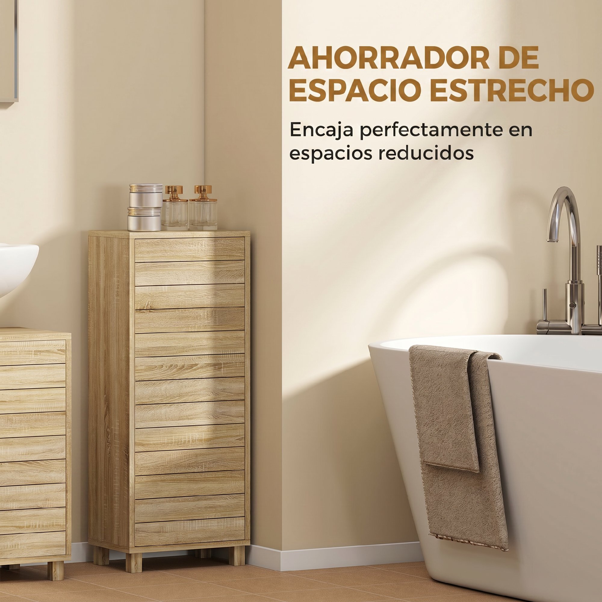 Armario de Baño Estrecho, Mueble Auxiliar de Baño con Puerta de Listones, 3 Estantes y Estante Ajustable, Apertura por Presión, Ahorro Espacio, 34x23x84 cm, Natural