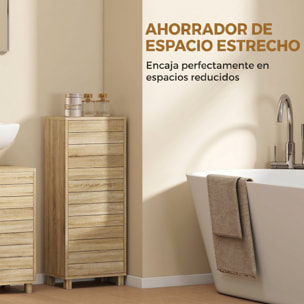 Armario de Baño Estrecho, Mueble Auxiliar de Baño con Puerta de Listones, 3 Estantes y Estante Ajustable, Apertura por Presión, Ahorro Espacio, 34x23x84 cm, Natural