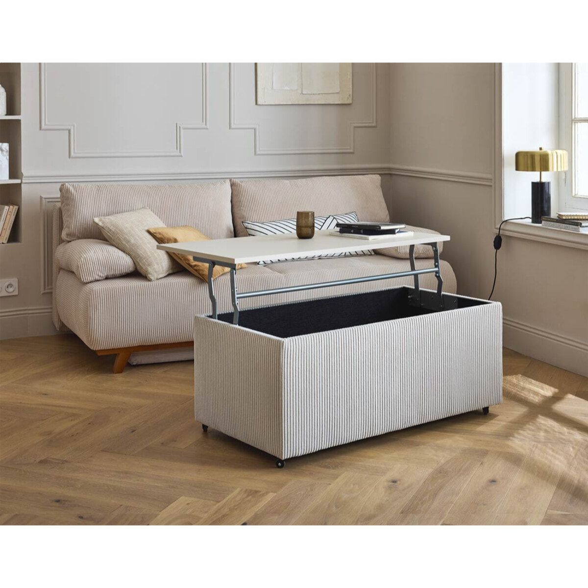 Pirae - table basse avec plateau relevable et coffre - en velours côtelé - 107 cm - Beige