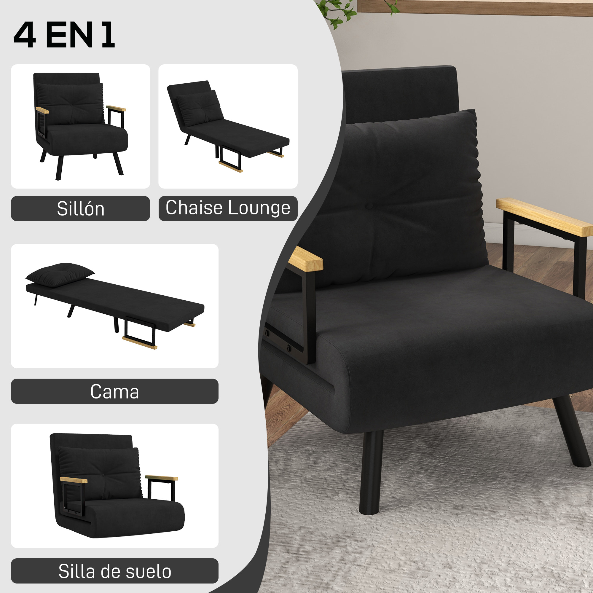 Sofá Cama de 1 Plaza 4 en 1, Sofá Cama Plegable Tapizado en Terciopelo con Respaldo Ajustable de 5 Niveles y Almohada Acolchada, para Oficina, Dormitorio, Salón, 63x73x81 cm, Negro