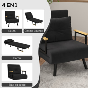 Sofá Cama de 1 Plaza 4 en 1, Sofá Cama Plegable Tapizado en Terciopelo con Respaldo Ajustable de 5 Niveles y Almohada Acolchada, para Oficina, Dormitorio, Salón, 63x73x81 cm, Negro