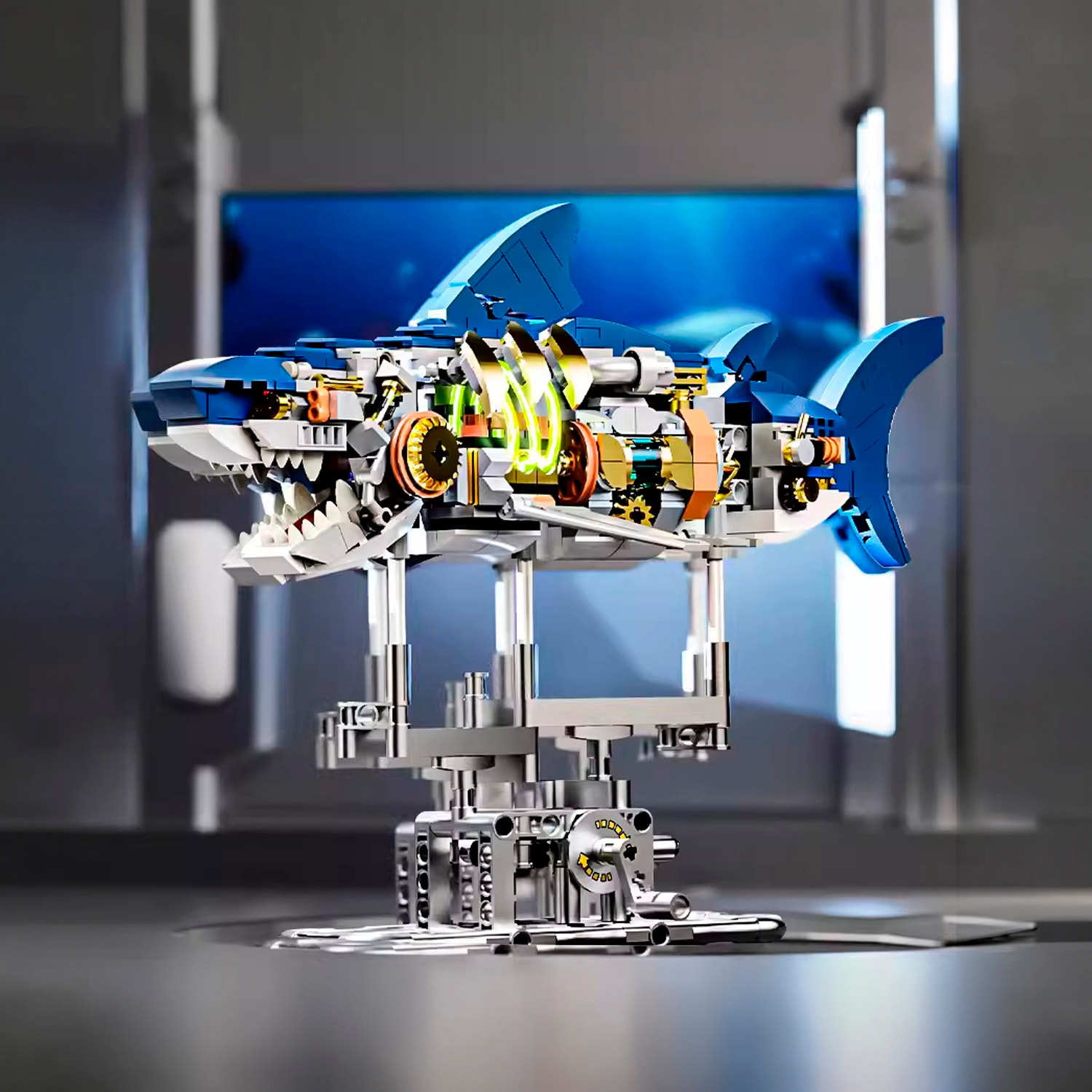 Maqueta 3D mecanizada de tiburón con 687 piezas, equipada con luces integradas y mecanismo de manivela que permite movimiento dinámico.