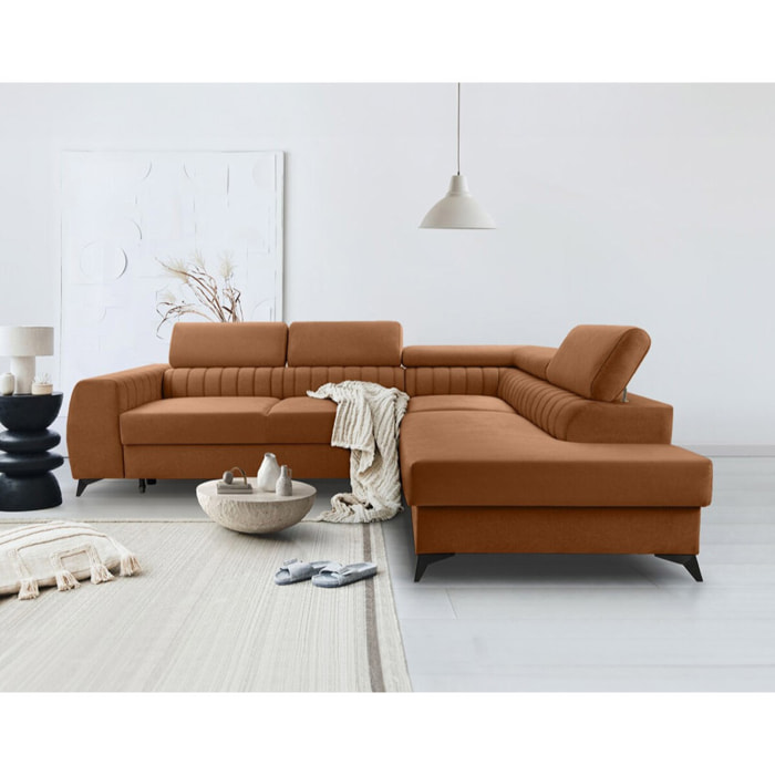 Aneta - canapé d'angle droit 5 places - convertible avec coffre et têtières - en velours - Terracotta