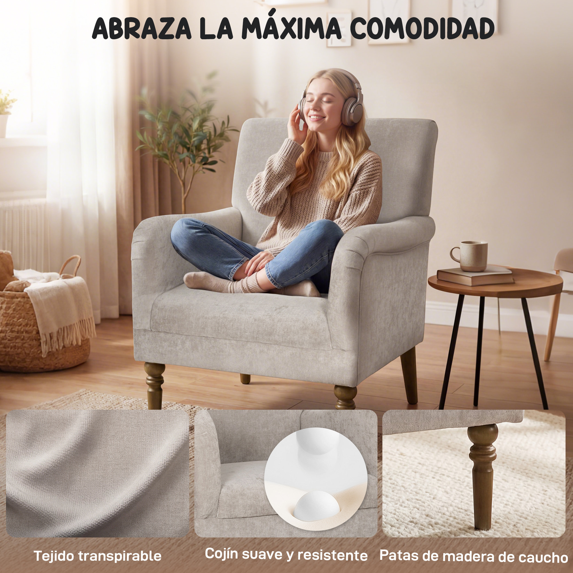 Sillón Relax, Sofá Individual, Tapizado en Lino, Reposabrazos Estilizados, Patas de Madera Maciza, Acolchado Grueso para Salón, Dormitorio y Oficina, Gris