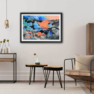 Affiche abstraite ocre et bleu provence Affiche + cadre en bois - Noir