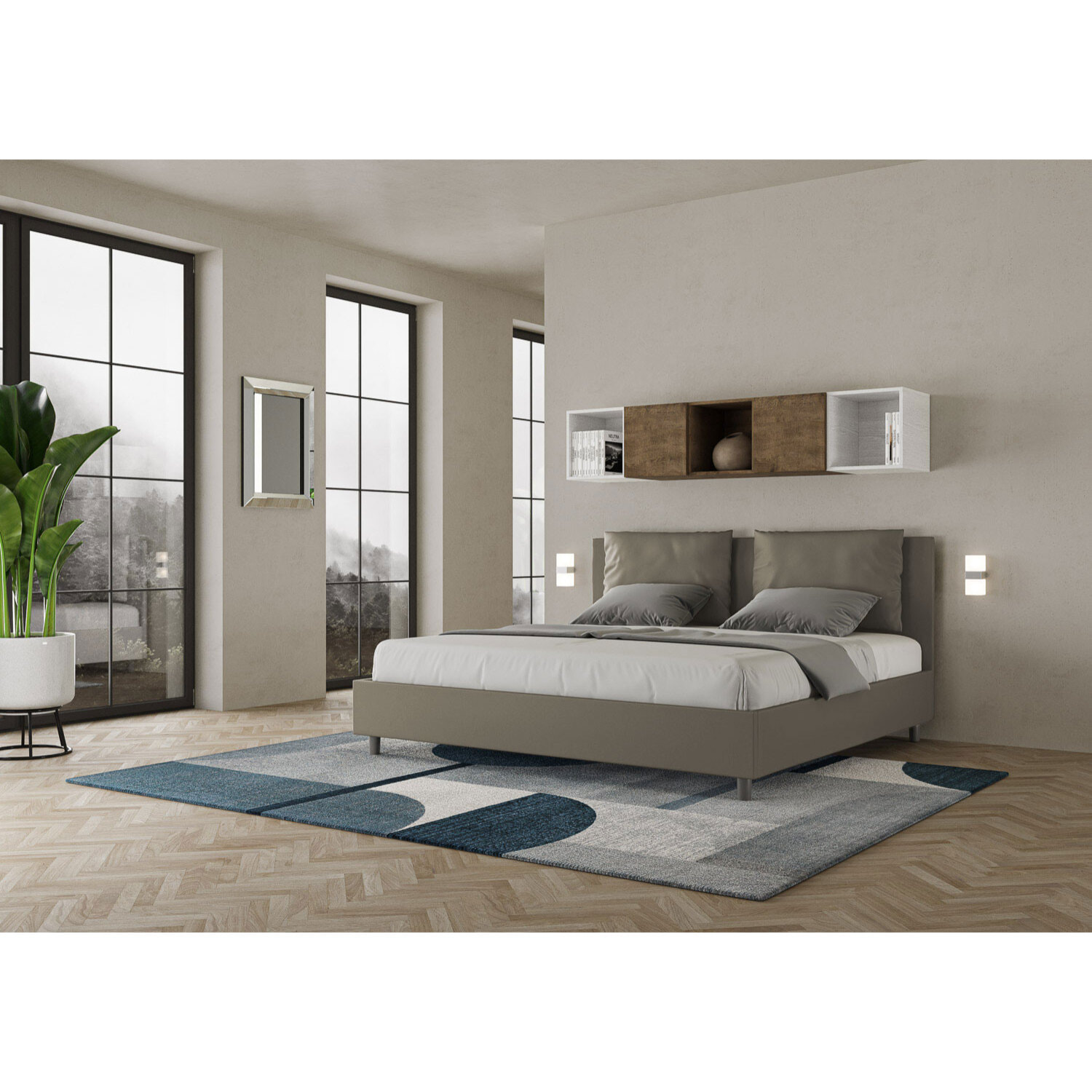 Cama matrimonial sin somier acolchada 180x200 cuero sintético capuchino Antea