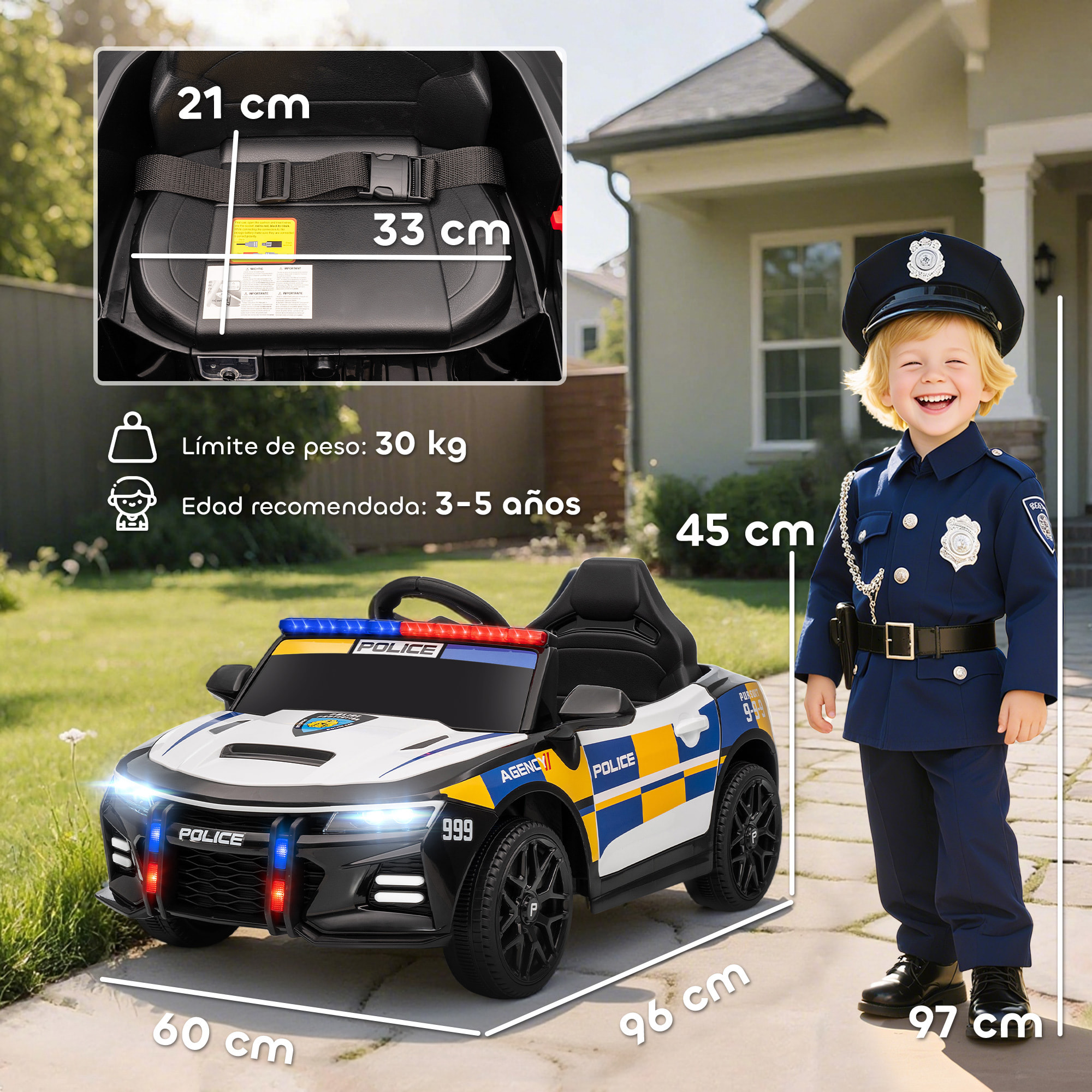 Coche Eléctrico para Niños de Policía, Coche de Batería para Niño de +3 Años 12V, con Mando a Distancia 2,4G, Luces, Sirena, Música, USB, Suspensión de Muelle, Multicolor