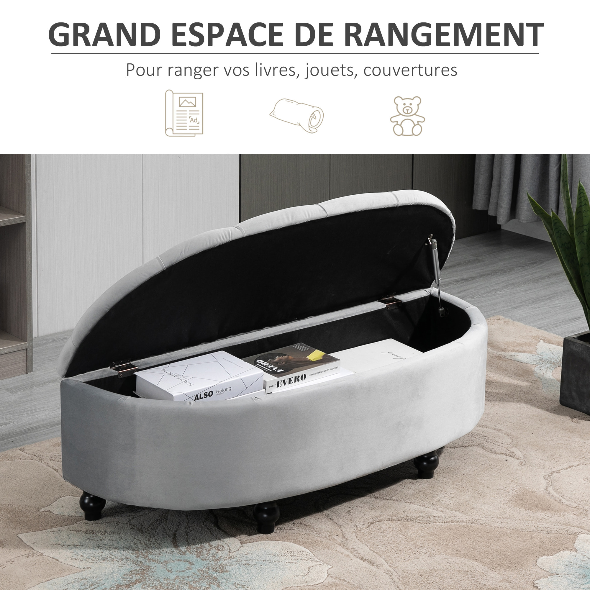 Pouf de rangement coffre 2 en 1 - pouf design classique chic capitonné demi-cercle - pieds bois hévéa noir revêtement velours gris