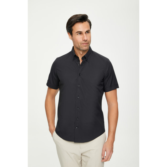 Camicia Uomo 1 Bottone Button Down Manica Corta Slim Popeline Stretch Unito Nero
