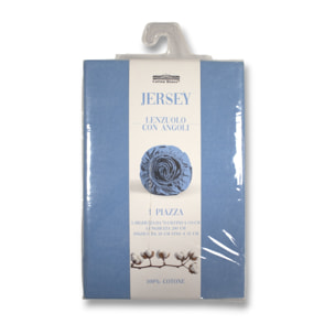 LENZUOLO SOTTO CON ANGOLI PER LETTO SINGOLO IN JERSEY DI COTONE AZZURRO